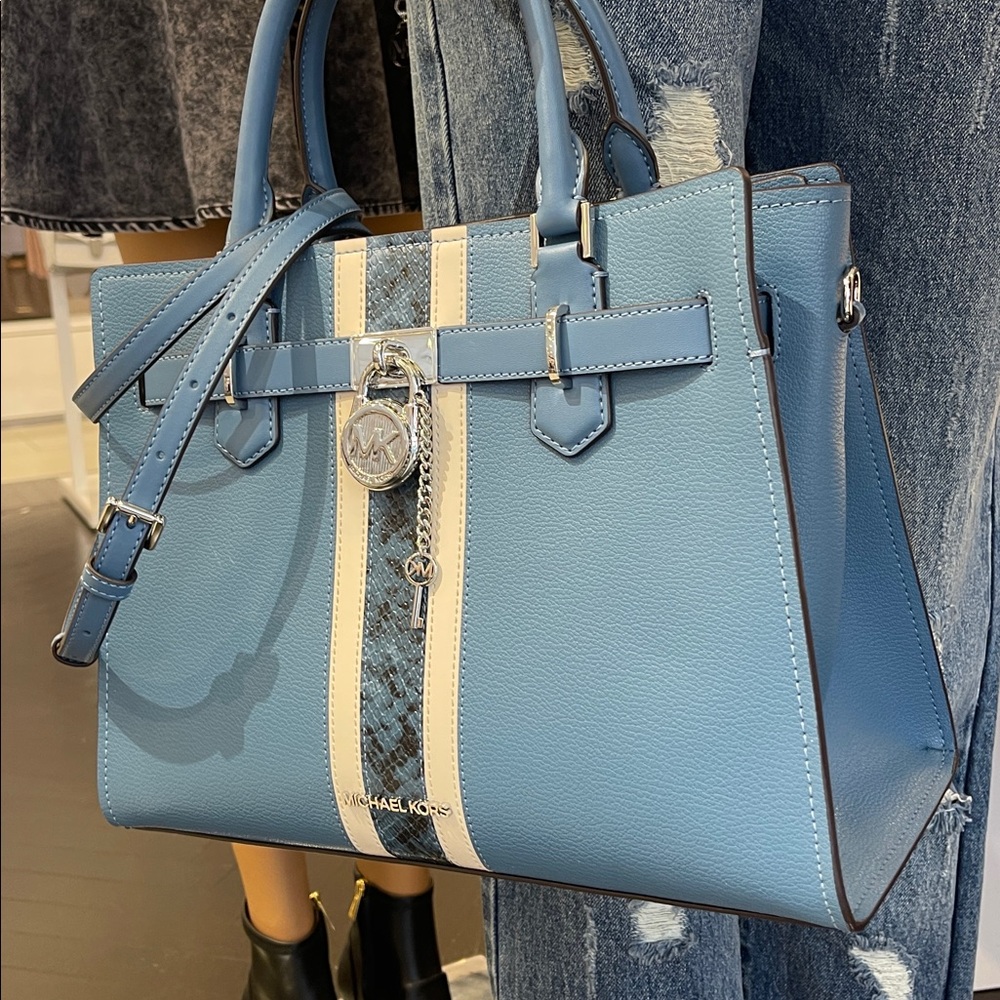 MICHAEL KORS Hamilton Md Leather and Snake Embossed Stripe Satchel
Cornflower - Picture 14 of 16